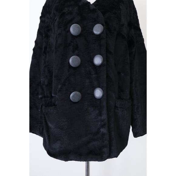 Vintage 1960s Styled By Winter Size L Faux Fur Teddy Coat Double Breasted Black - Picture 3 of 12